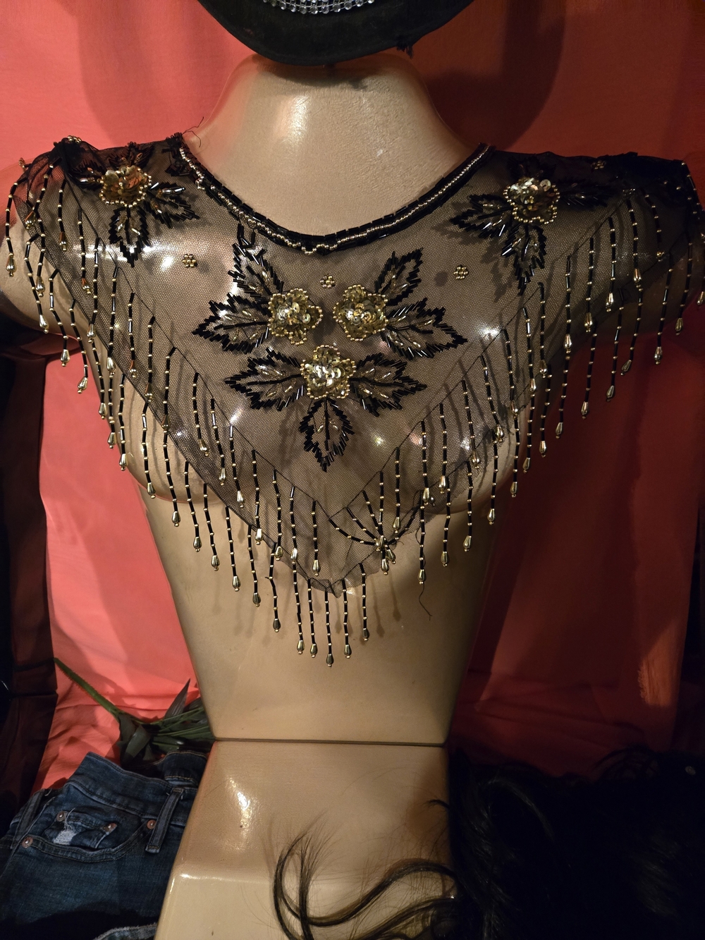 Source Unknown Black Sheer Beaded Floral Fringe Neck Scarf with Gold Accents
